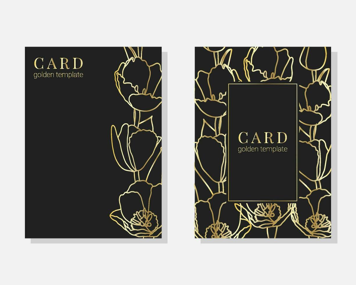 Vector set of luxury cards, templates with gold glittery flowers tulips for birthday, wedding, anniversary invitation