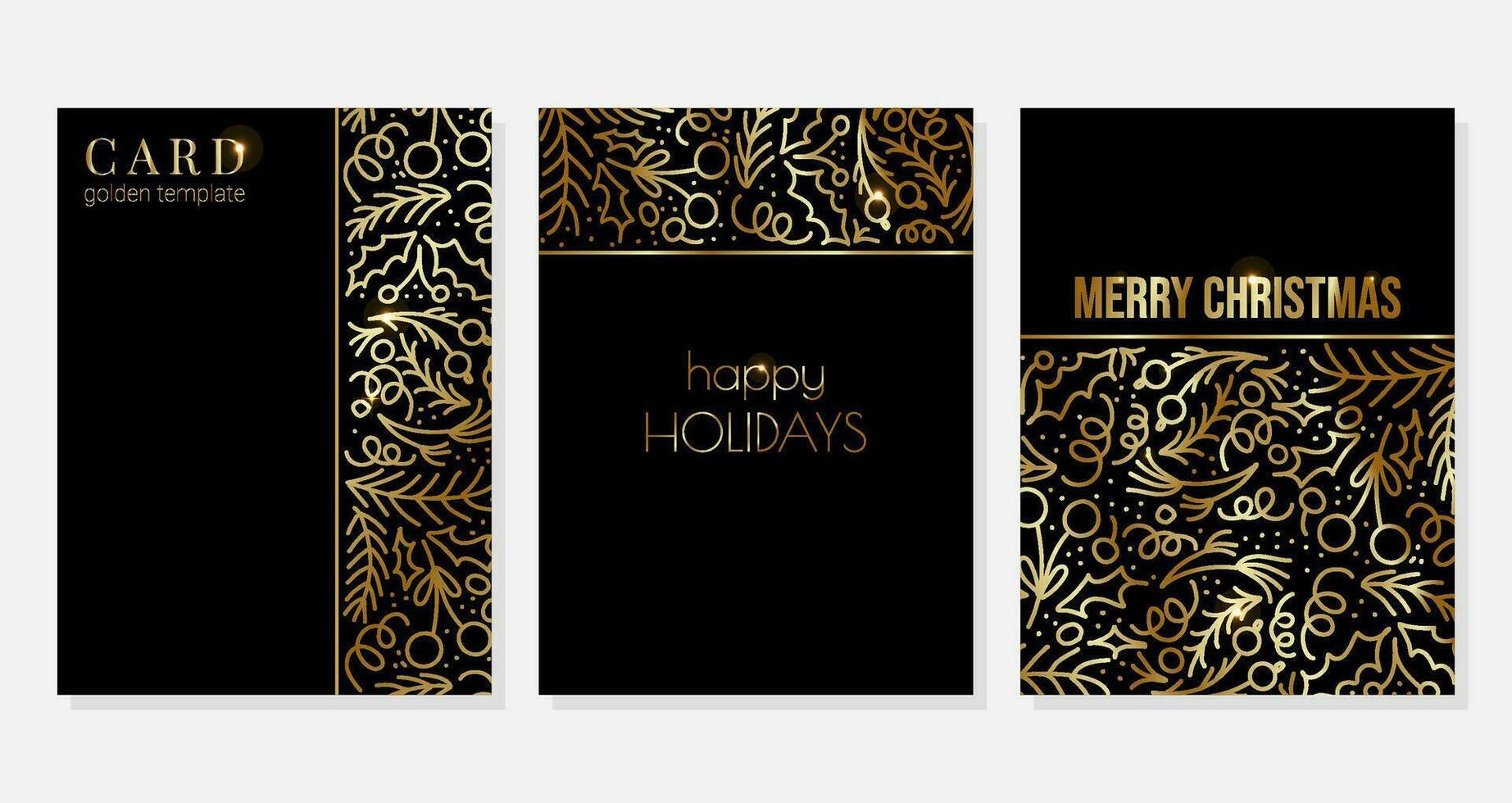 Set of vector elegant Christmas hand drawn doodle style cards with berries, pine sprigs, holly