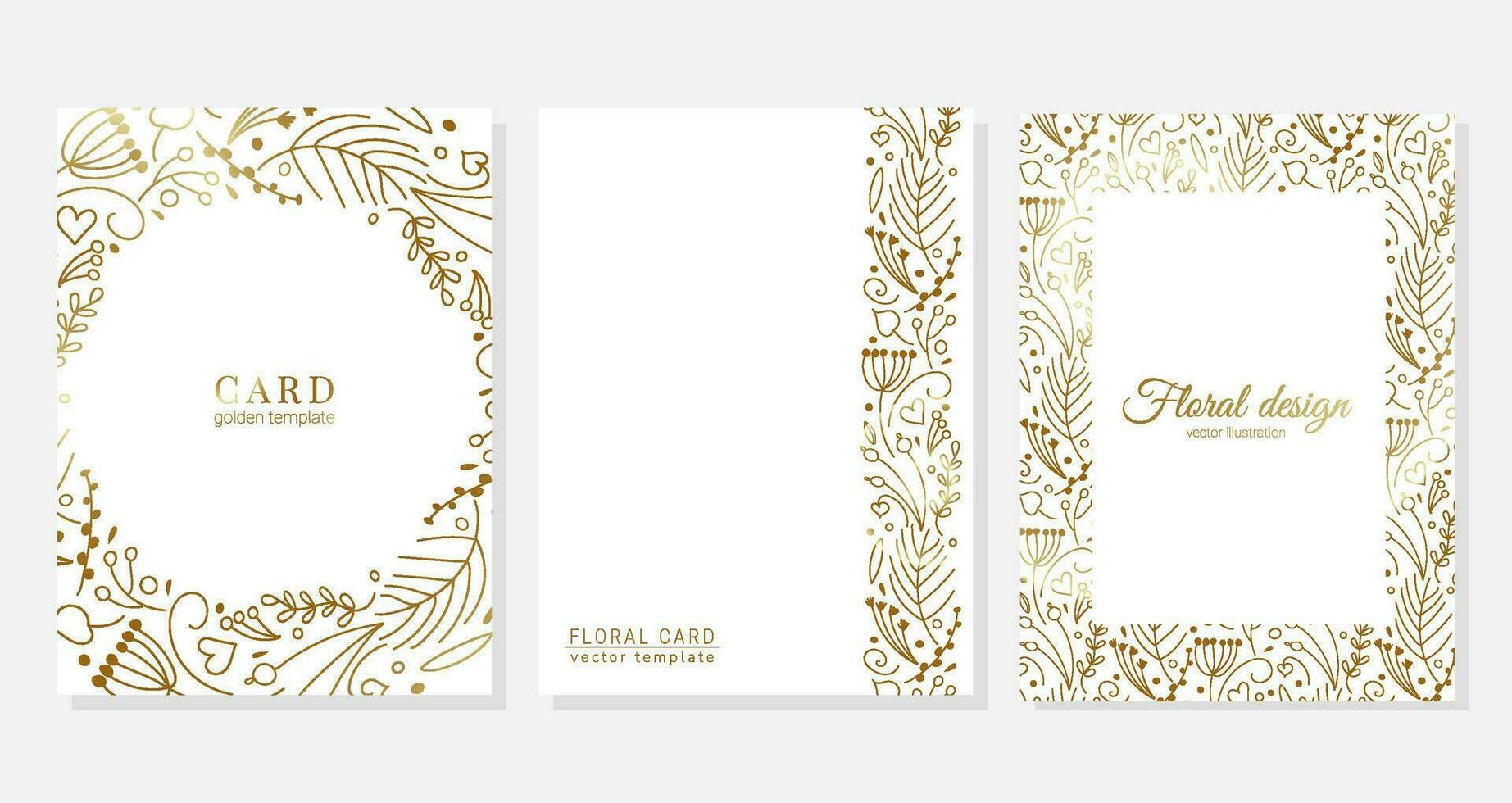 Set of vector cards with hand drawn gold botanical design of small twigs, flowers, berries in doodle style