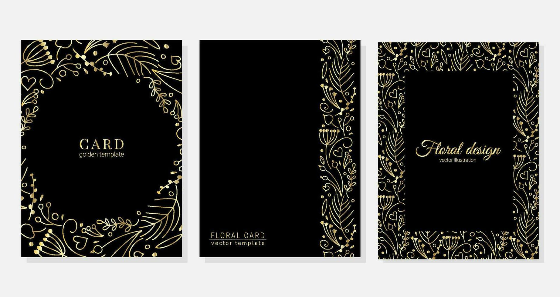 Set of vector cards with hand drawn gold botanical design of small twigs, flowers, berries in doodle style