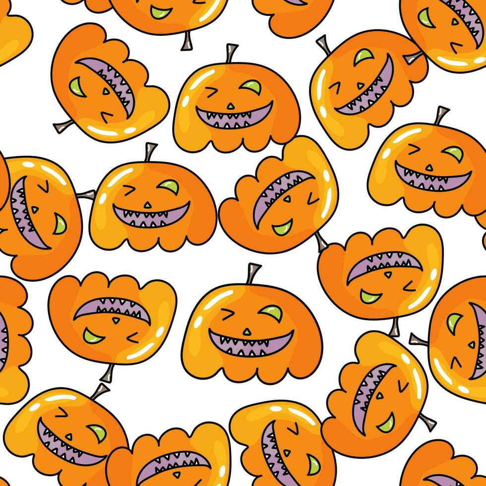 Seamless pattern with Halloween pumpkins. Jack orange lantern drawn with carved faces in doodle vector