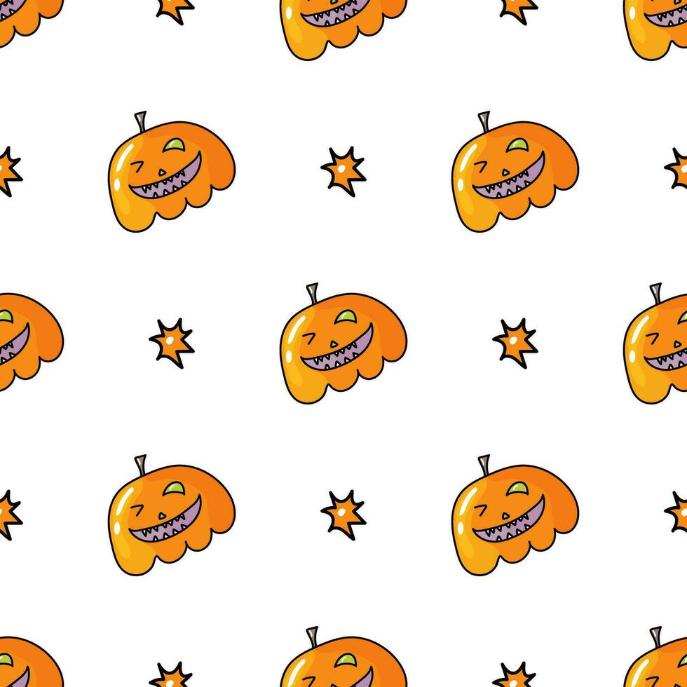 Seamless pattern with Halloween pumpkins. Jack orange lantern drawn with carved faces in doodle vector