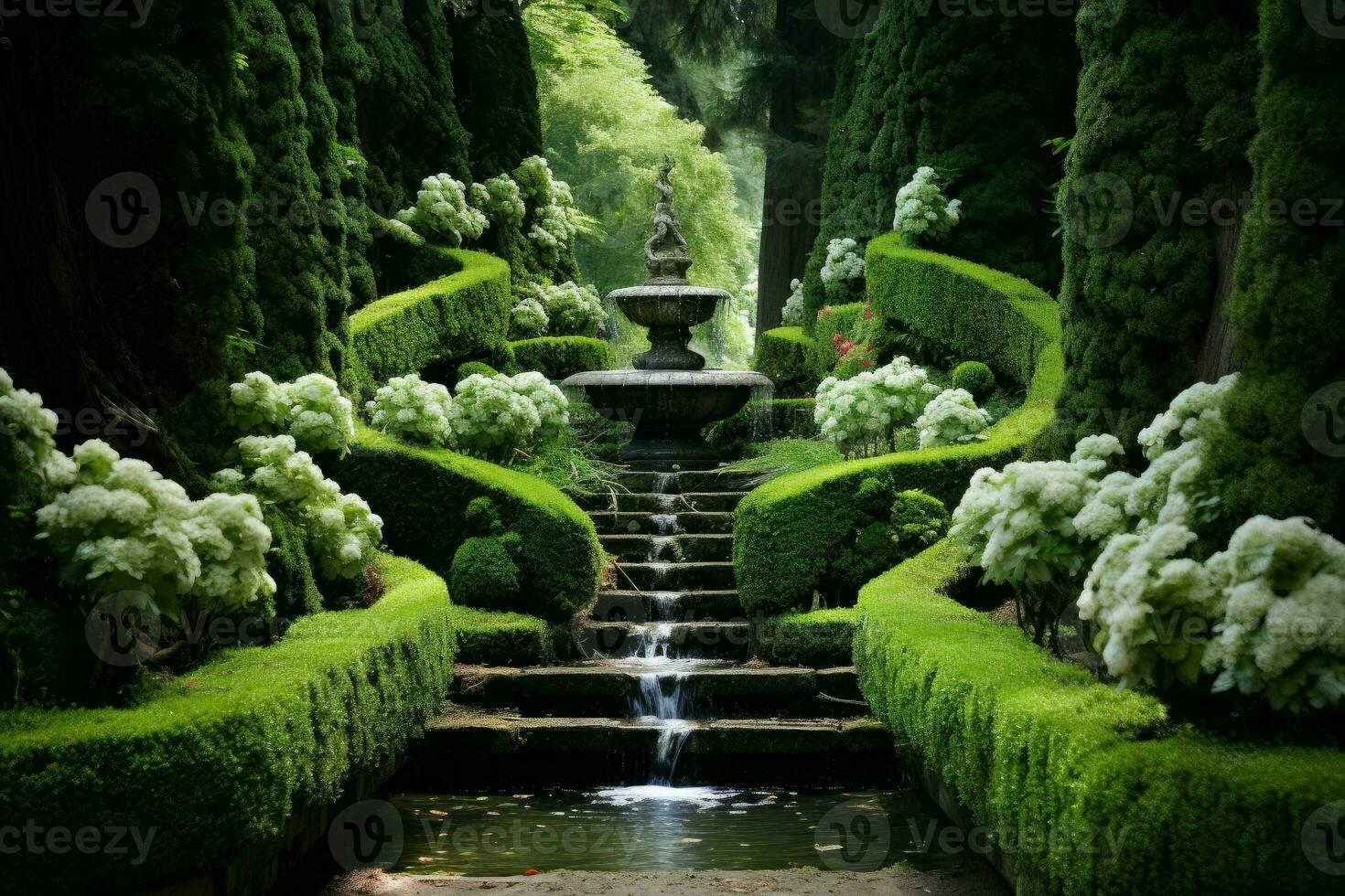 Winding Fountain paths bushes plants. Generate Ai photo