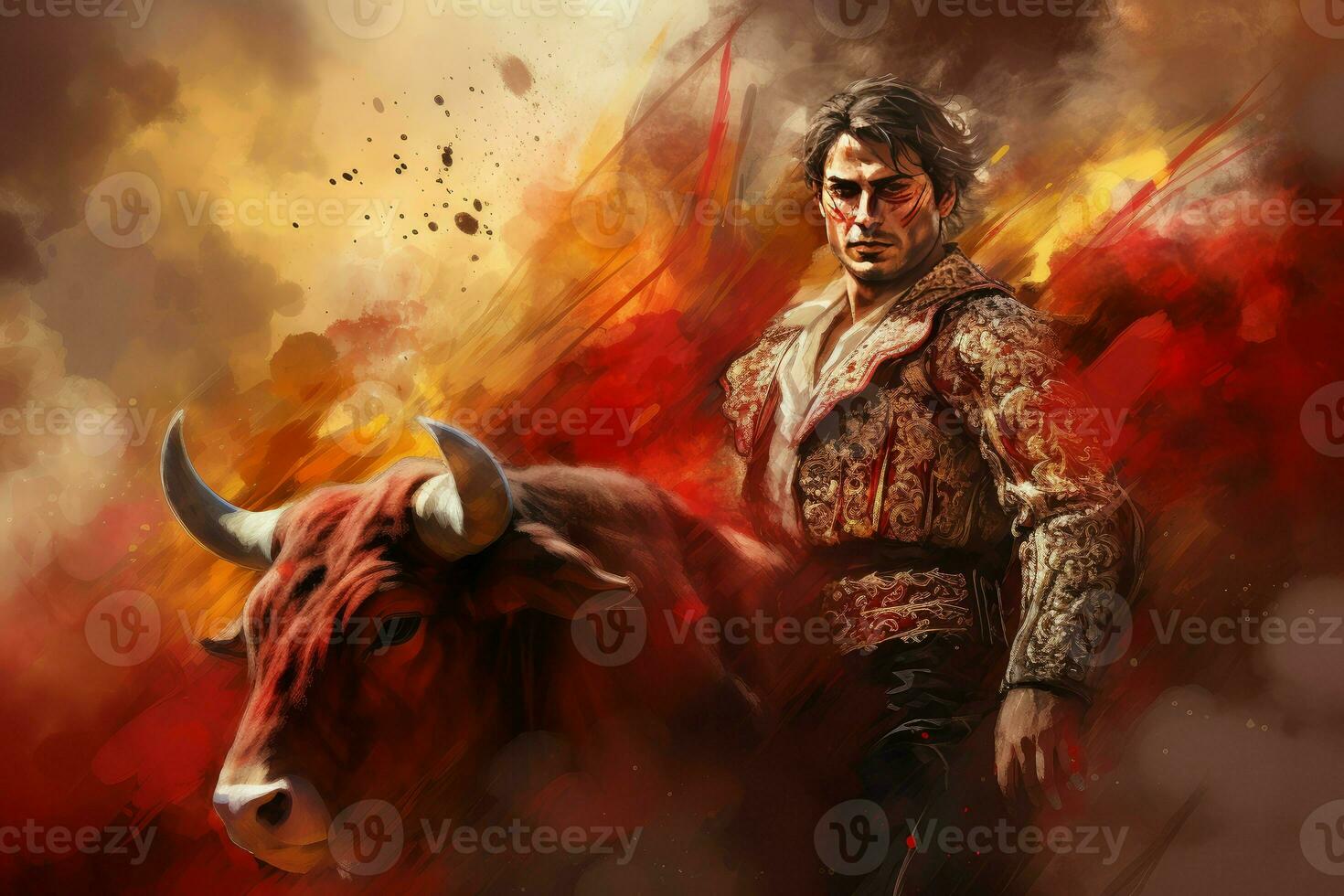 Brave Bullfighter man fight bull. Generate Ai photo