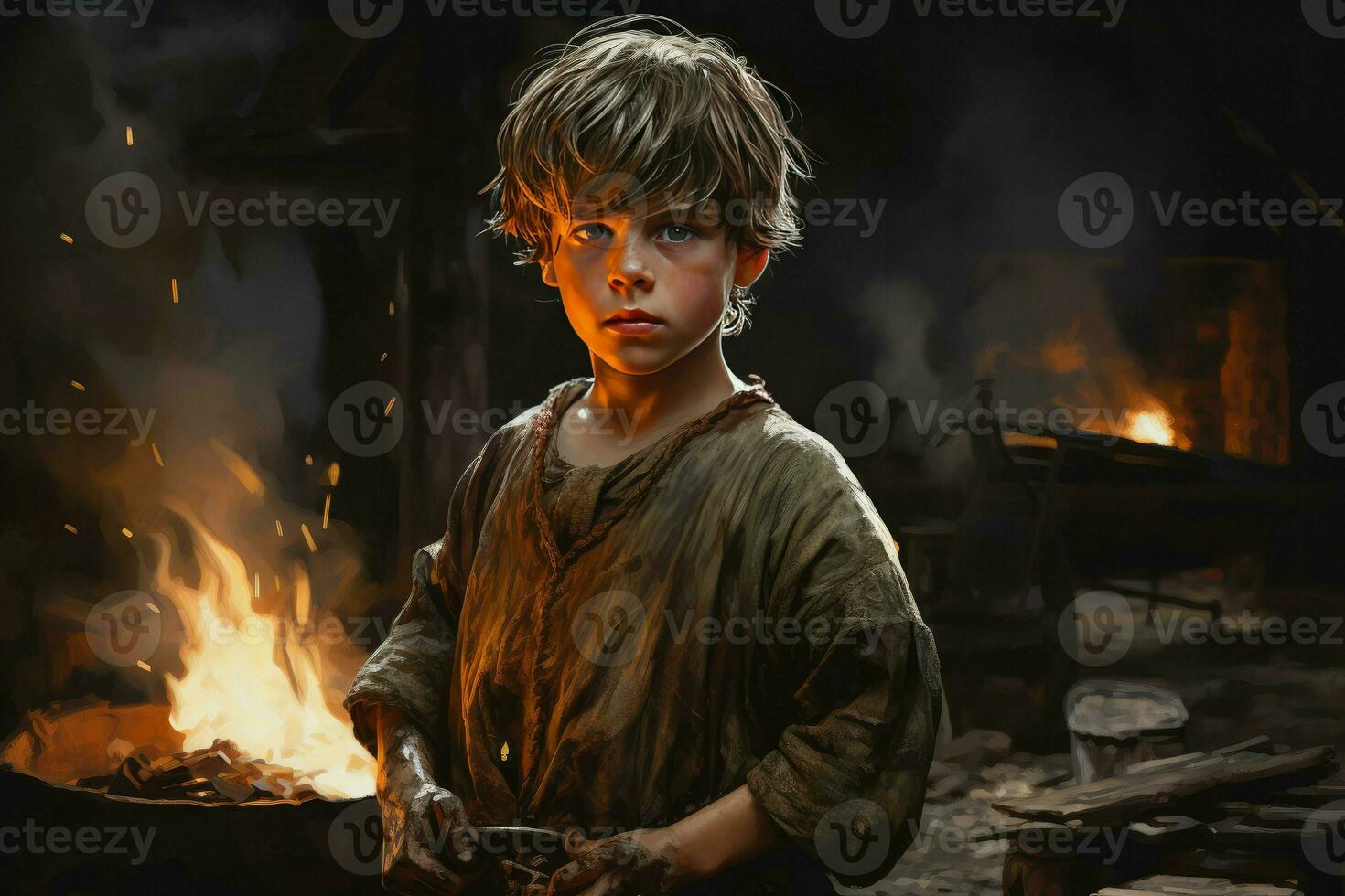 Blacksmith child forge. Generate Ai photo