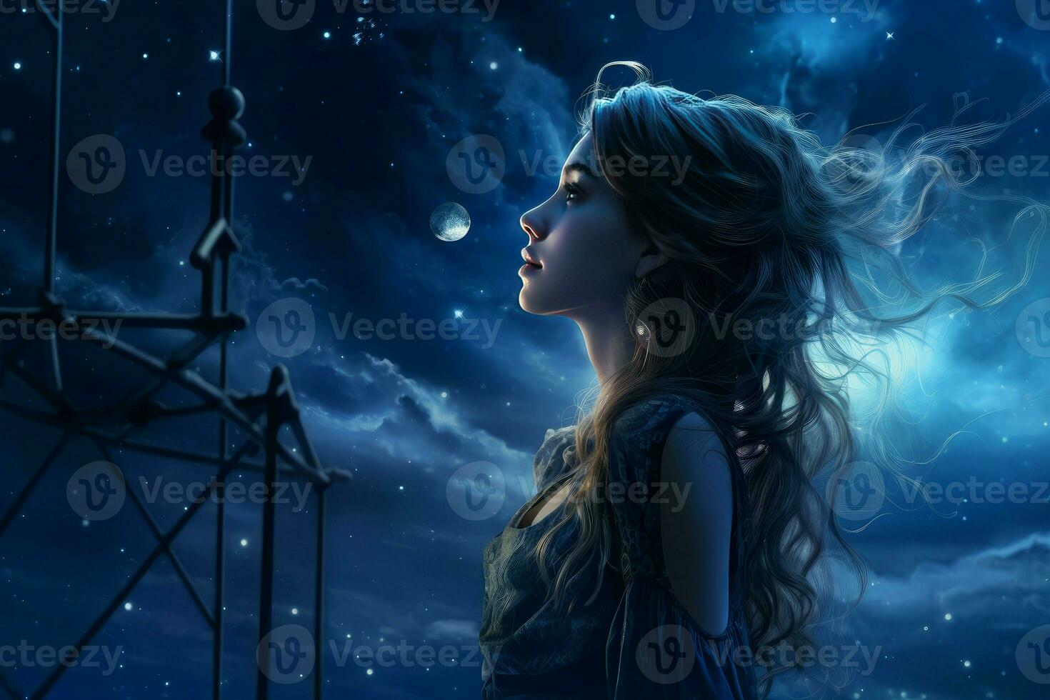 Astronomer starry sky night woman. Generate Ai photo