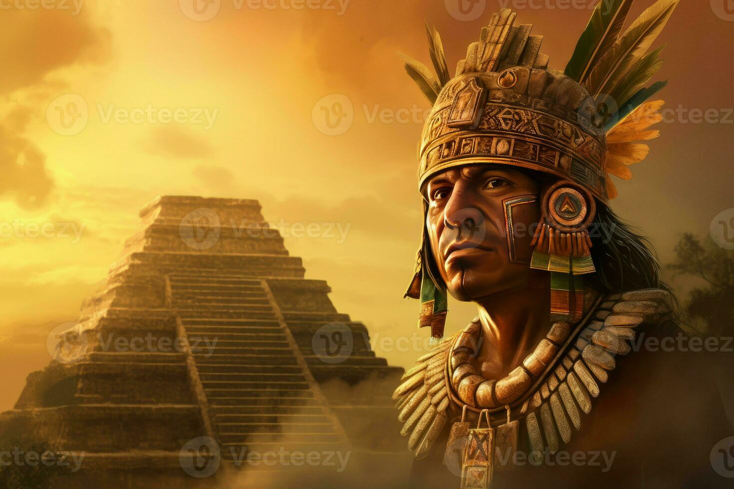 Mysterious Aztec strong man old pyramid. Generate AI photo