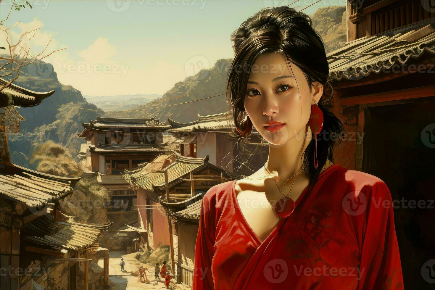 Austere Chinese village woman red kimono. Generate Ai photo