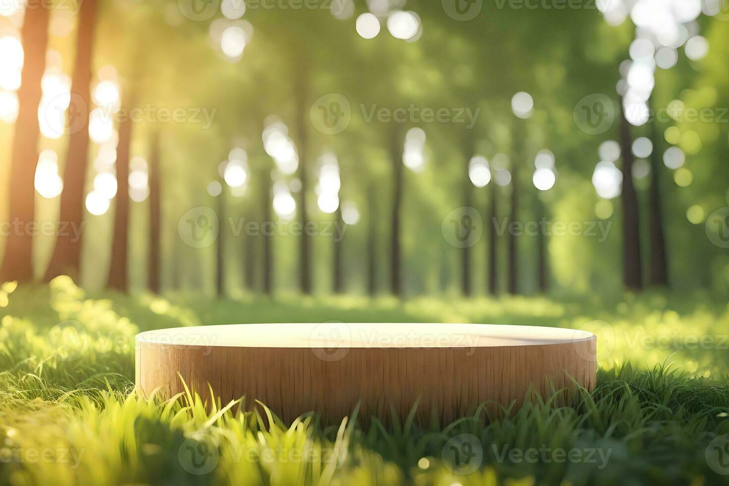 An Empty Rustic Round Wood Pedestal On A Grassfield Premade Photo Mockup Background