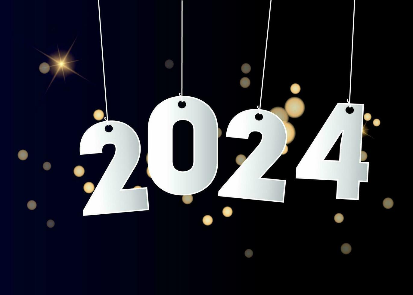 Happy new year 2024. Hanging white paper number on a black background