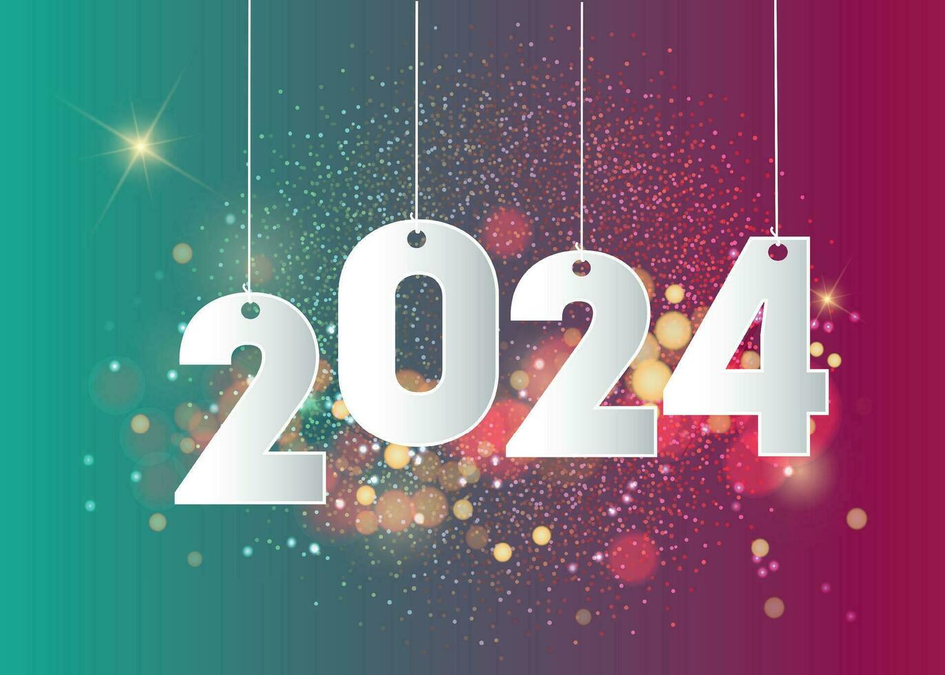 Happy new year 2024. Hanging white paper number on a colorful background. Holiday greeting card design. vector