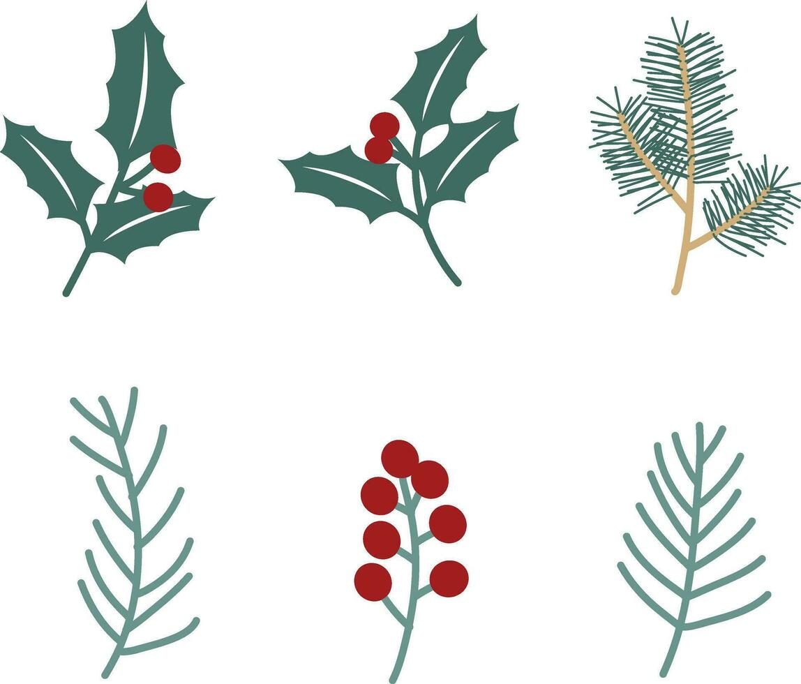 Christmas elements , Winter Green Leaves Flat Vector Design