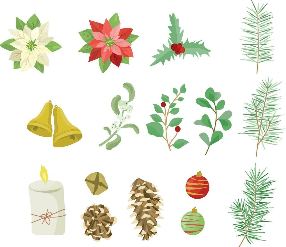 flor de pascua flores, pino hojas, piñas, campanas y velas, conjunto de Navidad elementos vector