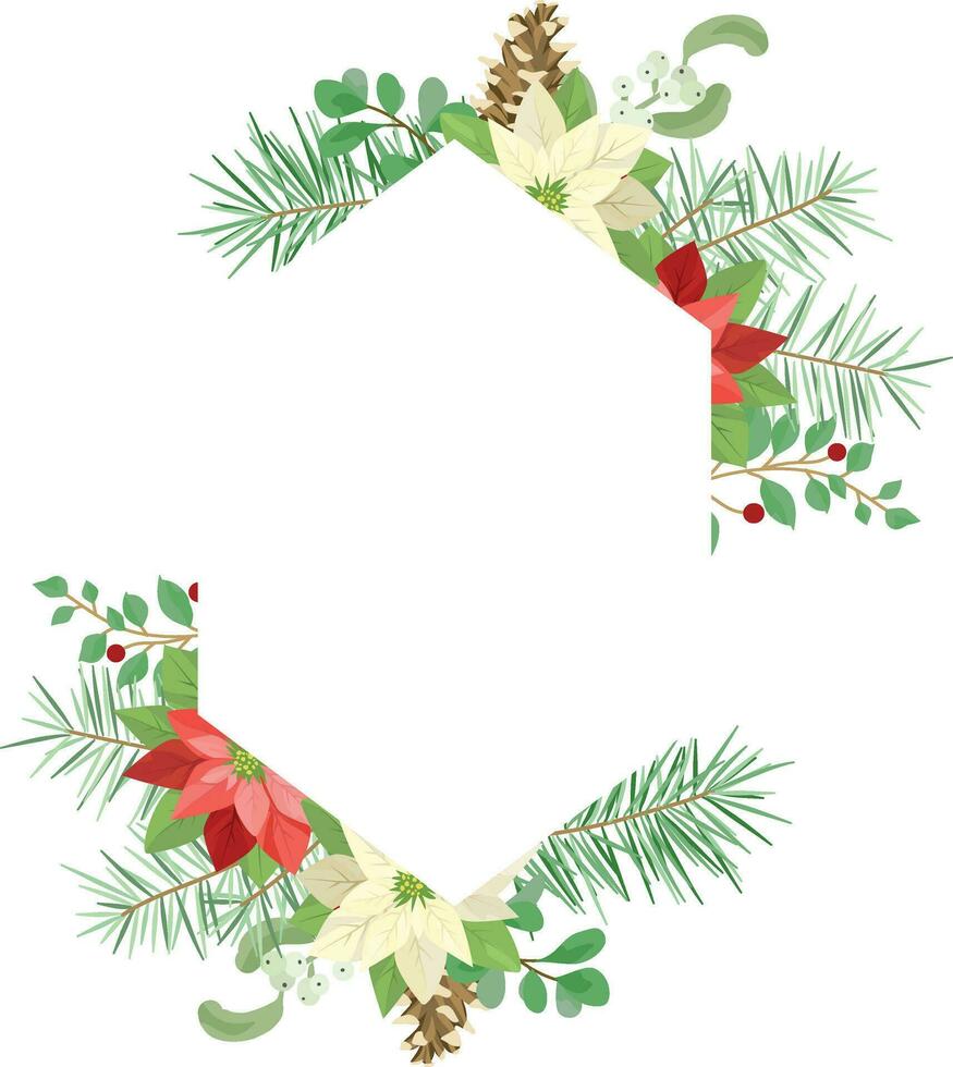 Christmas frame template with poinsettia leaf wreath. vector