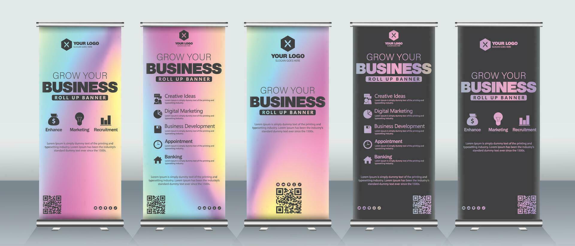 Print ready x banner Holographic style roll up banner design for business events, presentations with dark style rainbow banner vector