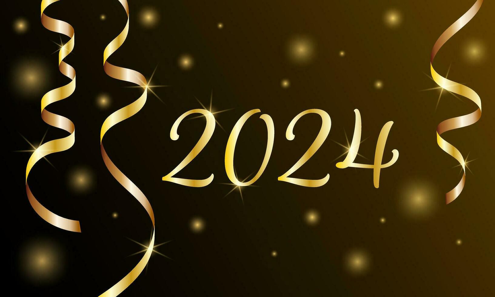 Golden numbers 2024 with with golden serpentine and confetti on a dark background. New Year greeting card vector