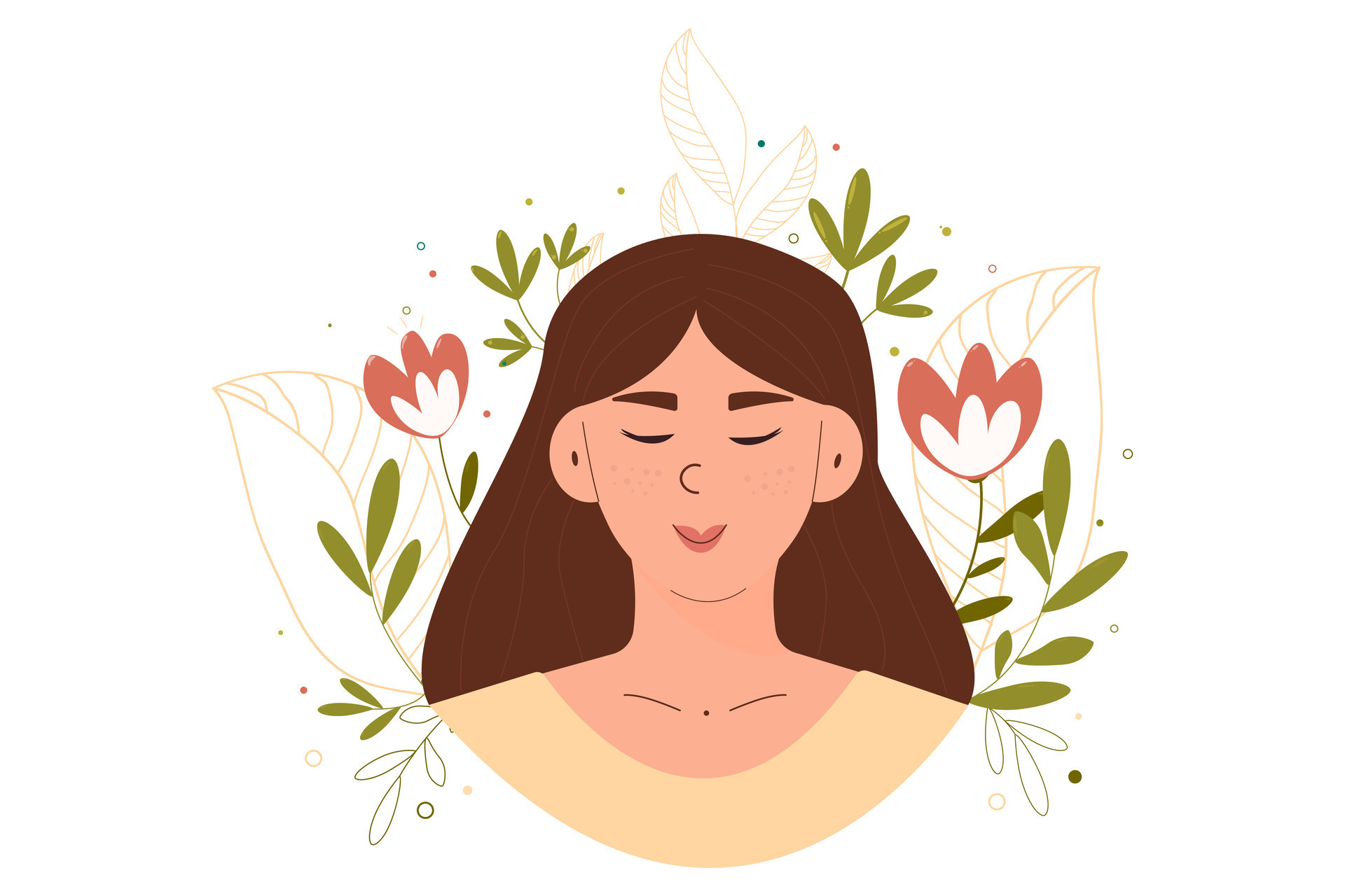 Mental health. Healthy mentality, self care illustration. A happy woman