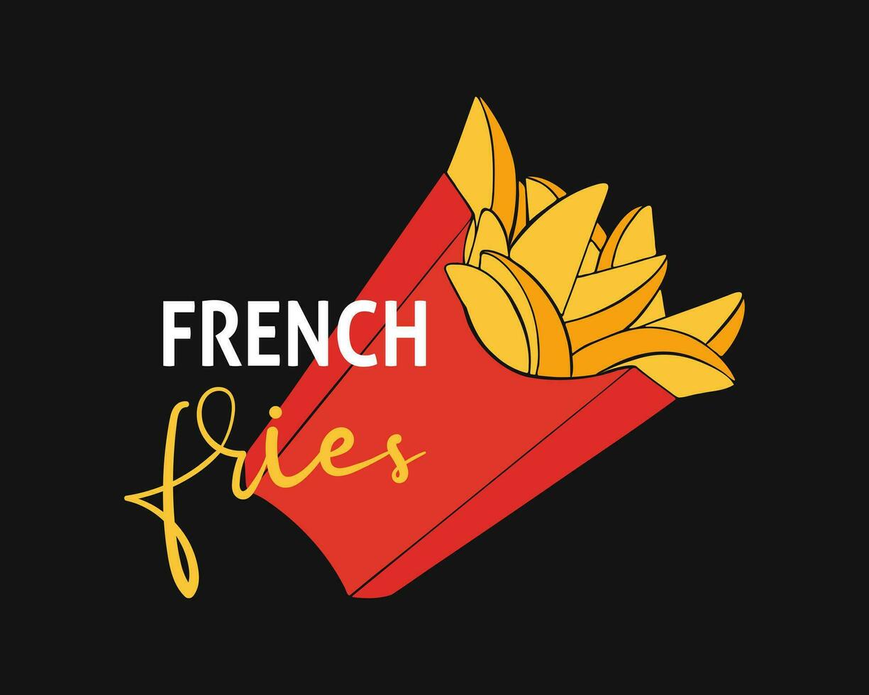 French fried potatoes in red box dark black background. Fast food, junk. Box with inscription. vector