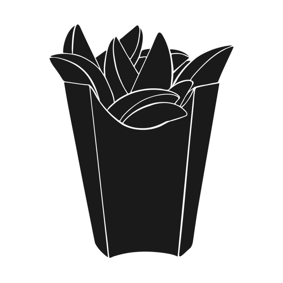French fries in box. Icon black silhouette drawing. Vector illustration isolated on white background.
