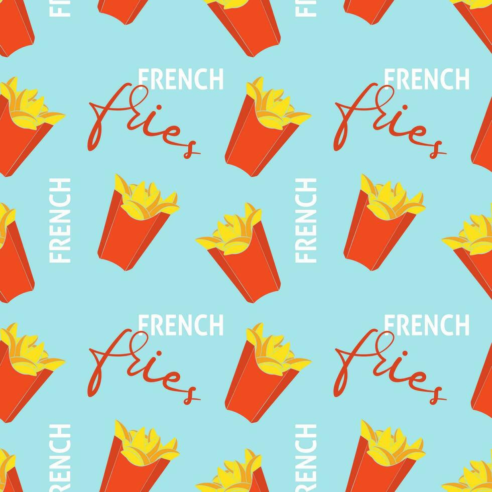 Pattern with french fried potatoes in red box packaging in blue background. vector