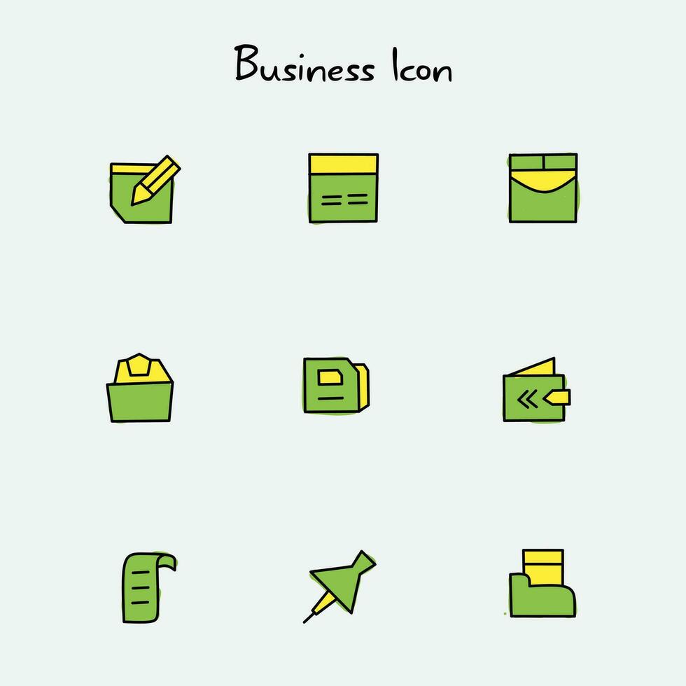 set of business icon designs, with green and yellow colors, and various shapes vector