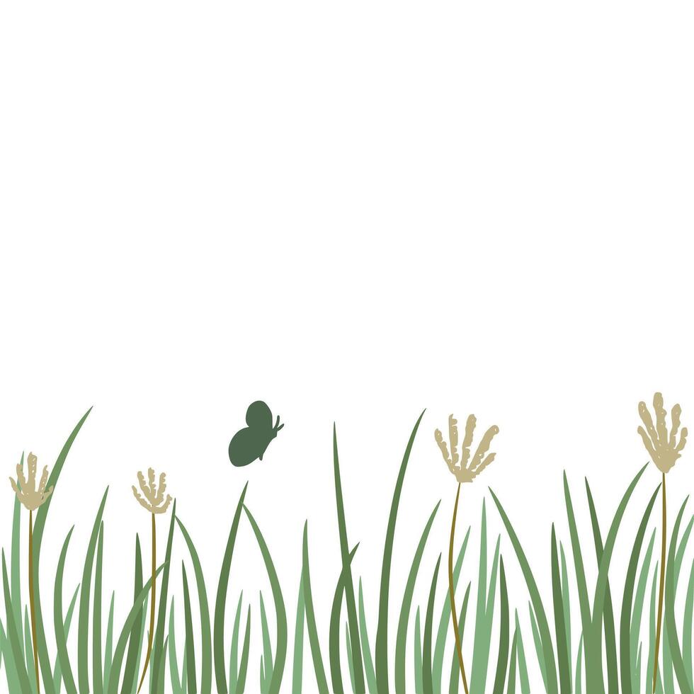 Green Grass Meadow And Butterfly Background. Wild Grass Illustration vector