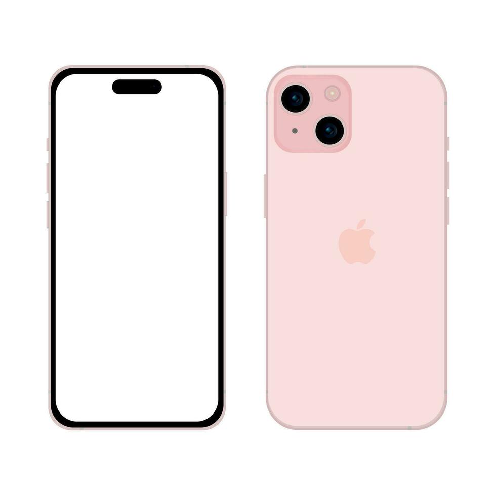 New pink Apple iPhone 15 smartphone model, mockup template on white background - Vector