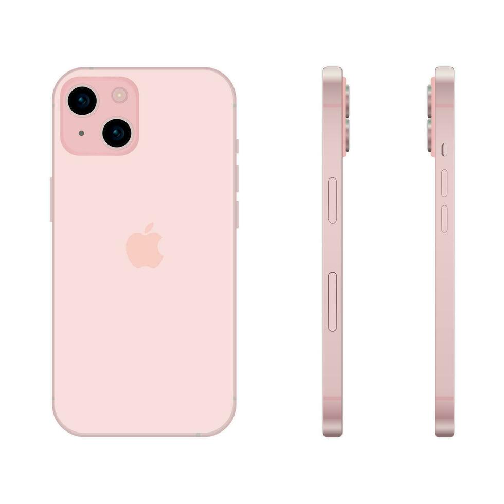 New pink Apple iPhone 15 smartphone model, mockup template on white background - Vector