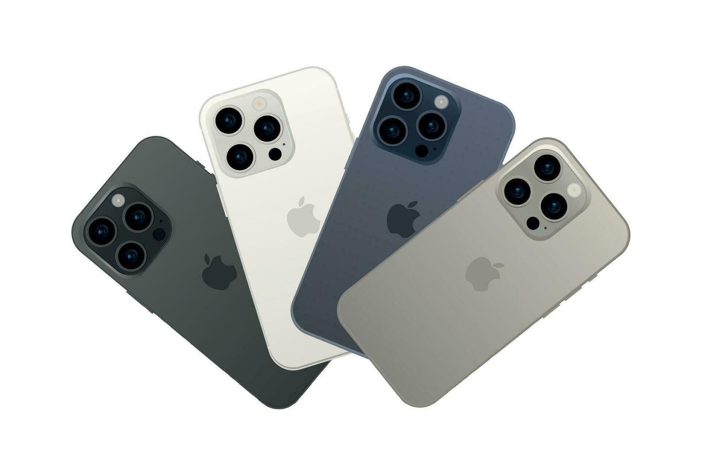 New Apple iPhone 15 PRO, modern smartphone gadget, set of 4 pieces in new original colors - Vector