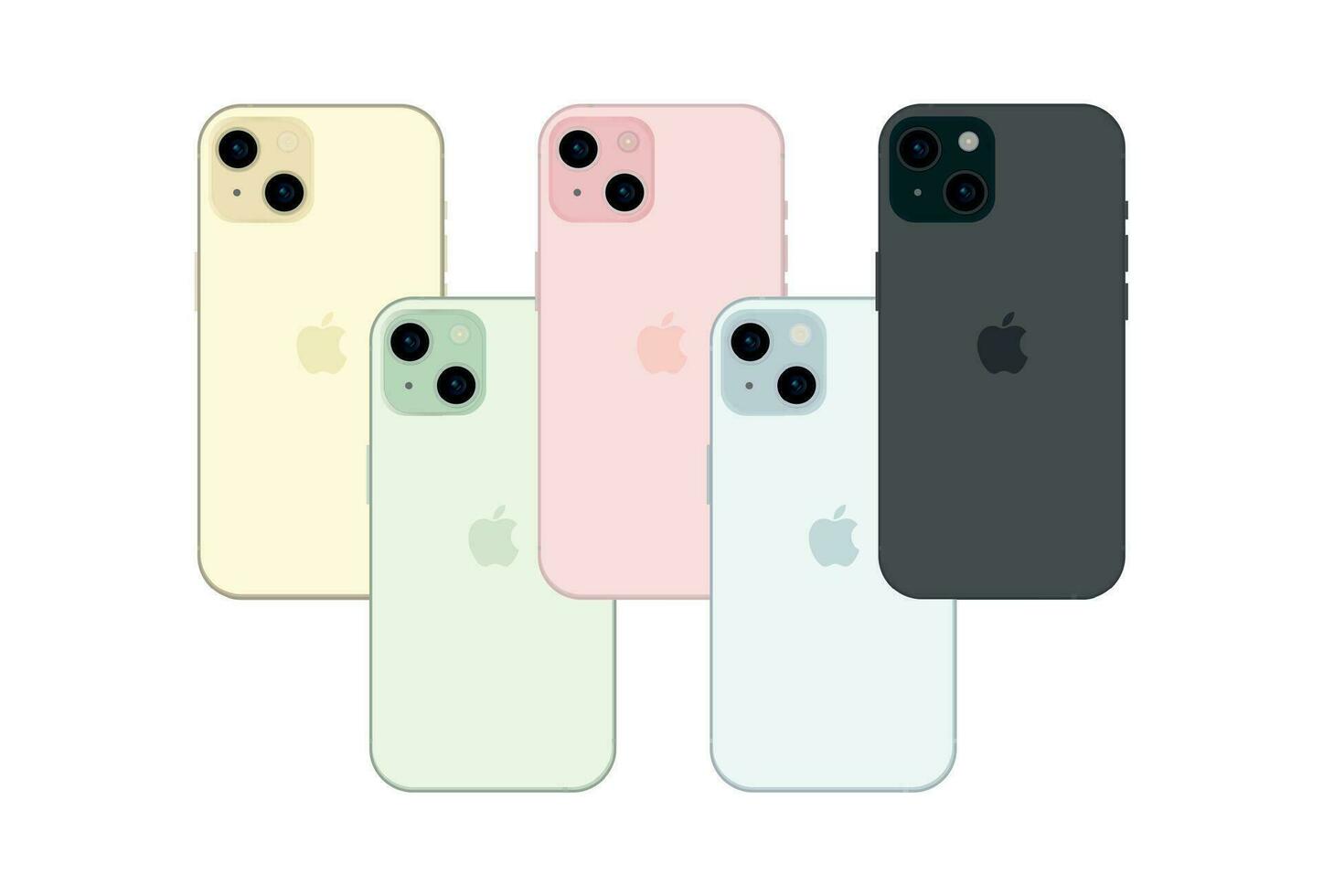 New Apple iPhone 15, modern smartphone gadget, set of 5 pieces in new original colors - Vector