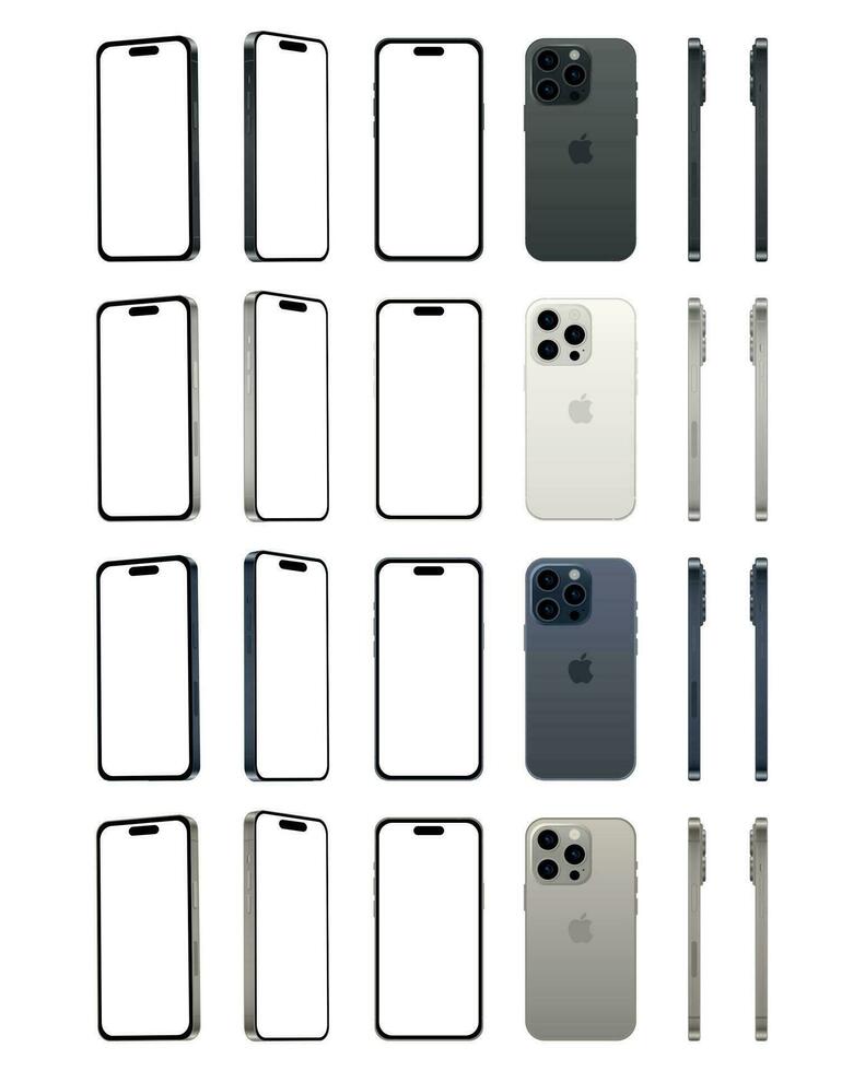 New Apple iPhone 15 PRO, modern smartphone gadget, set of 4 pieces in new original colors - Vector