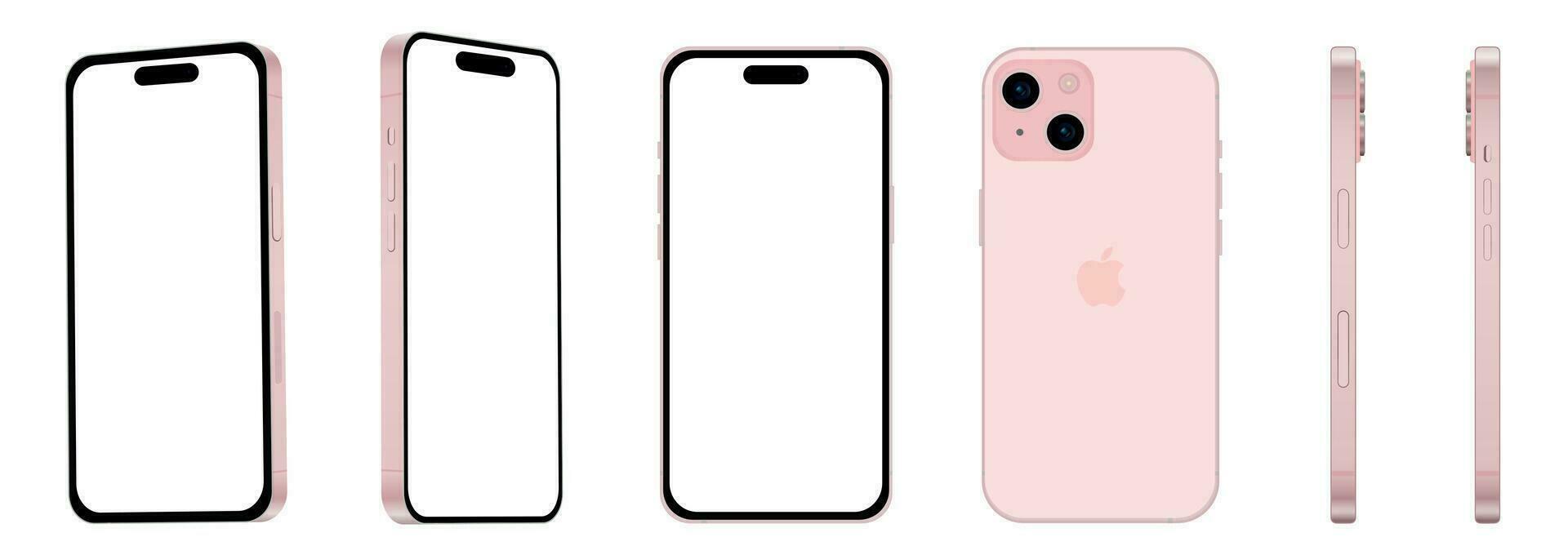 Set of 6 pieces from different angles, pink Apple iPhone 15 smartphone, mockup for web design on white background vector