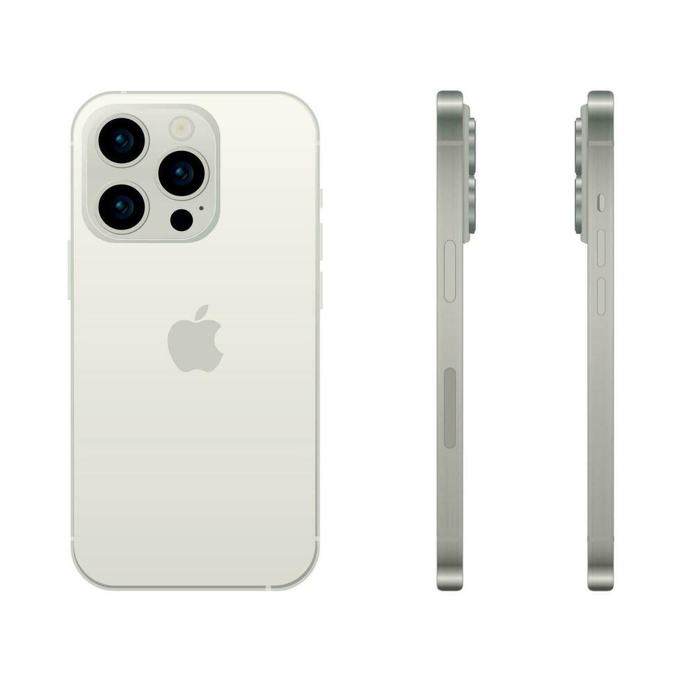New white TITANIUM Apple iPhone 15 PRO smartphone model, mockup template on white background - Vector