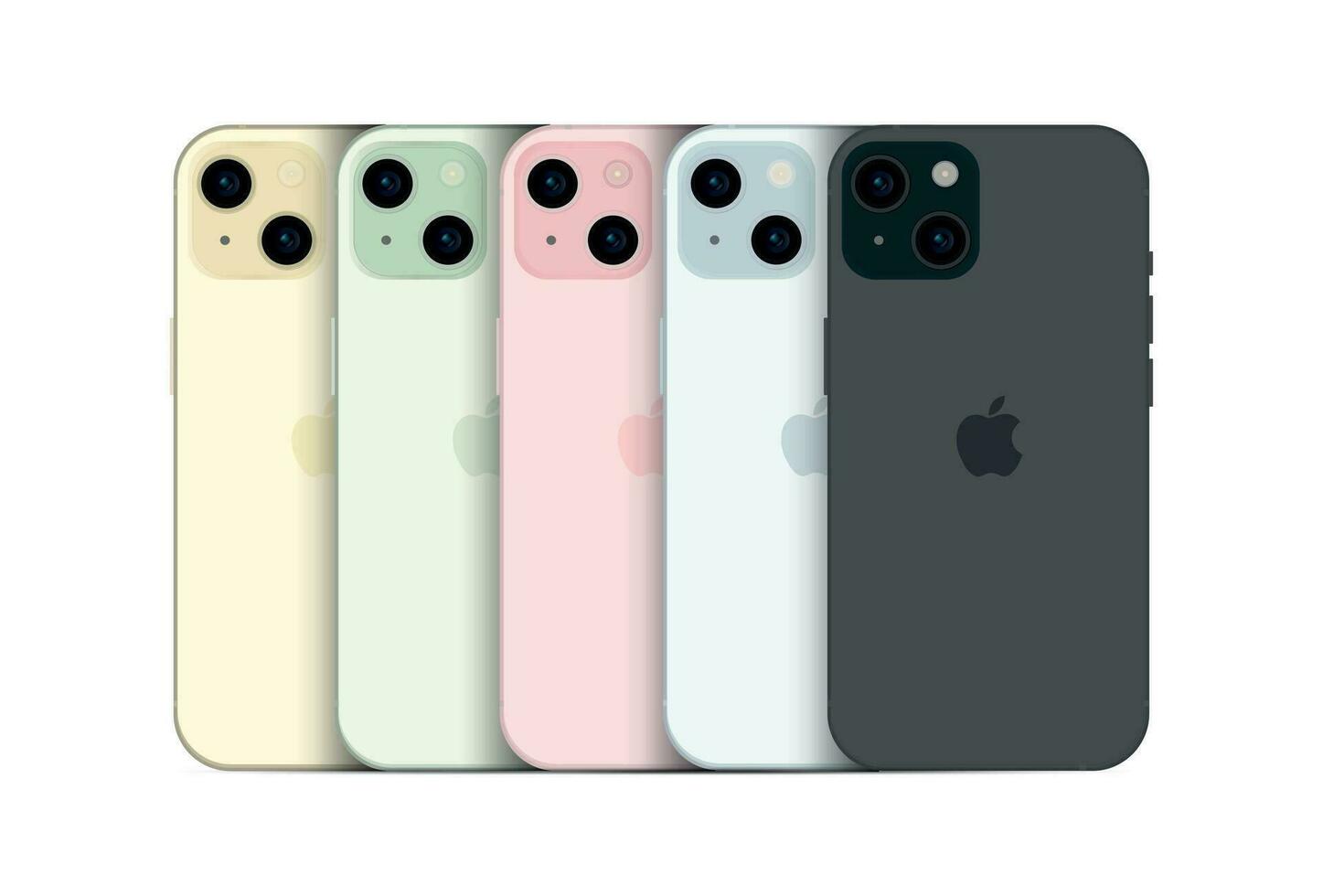New Apple iPhone 15, modern smartphone gadget, set of 5 pieces in new original colors - Vector