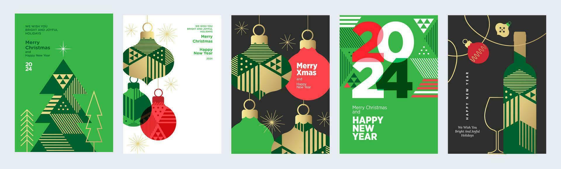 Merry Christmas and Happy New Year 2024 greeting cards. Vector
