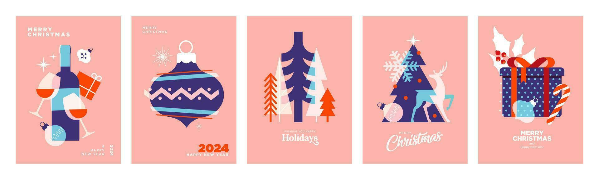 Merry Christmas and Happy New Year. Set of vector illustrations for background, greeting card, party invitation card, website banner, social media banner, marketing material.