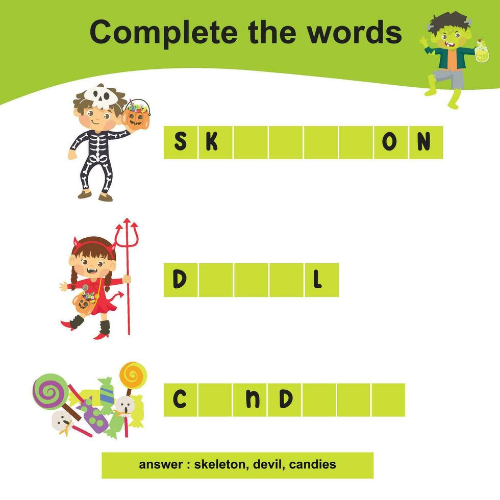 Complete the words worksheet. Write missing letters and complete words. Writing Halloween things sheet with children. Writing activity. vector