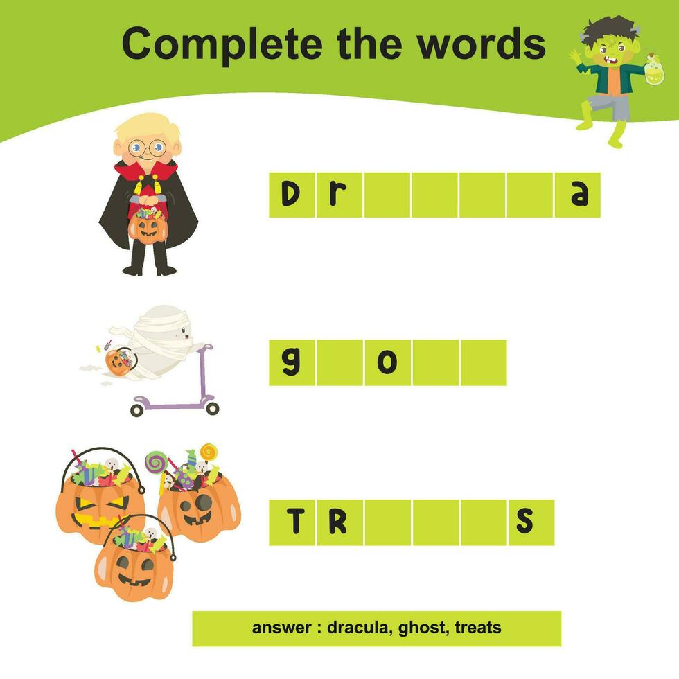 Complete the words worksheet. Write missing letters and complete words. Writing Halloween things sheet with children. Writing activity. vector