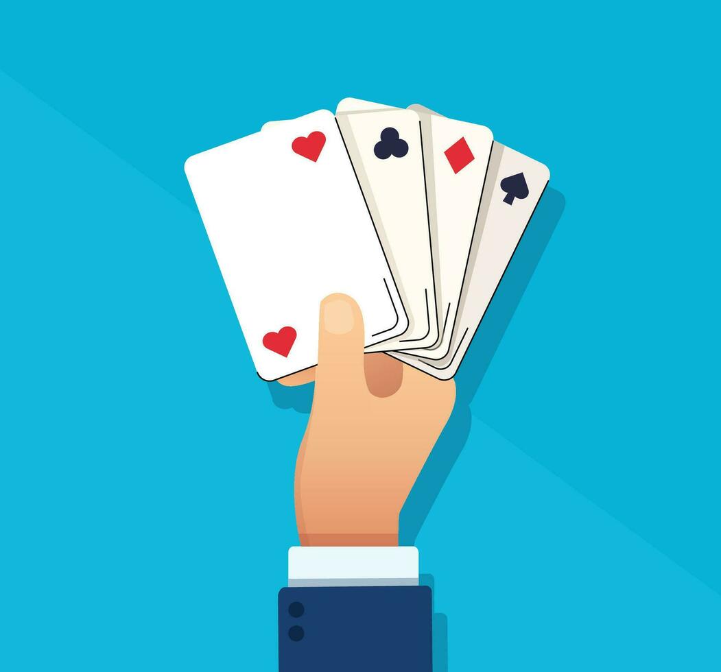 Hand holding playing cards casino concept. vector illustration