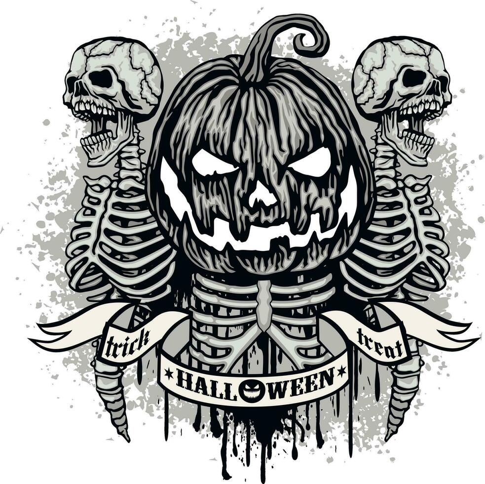 Víspera de Todos los Santos calabaza con esqueletos, grunge.vintage diseño camisetas vector