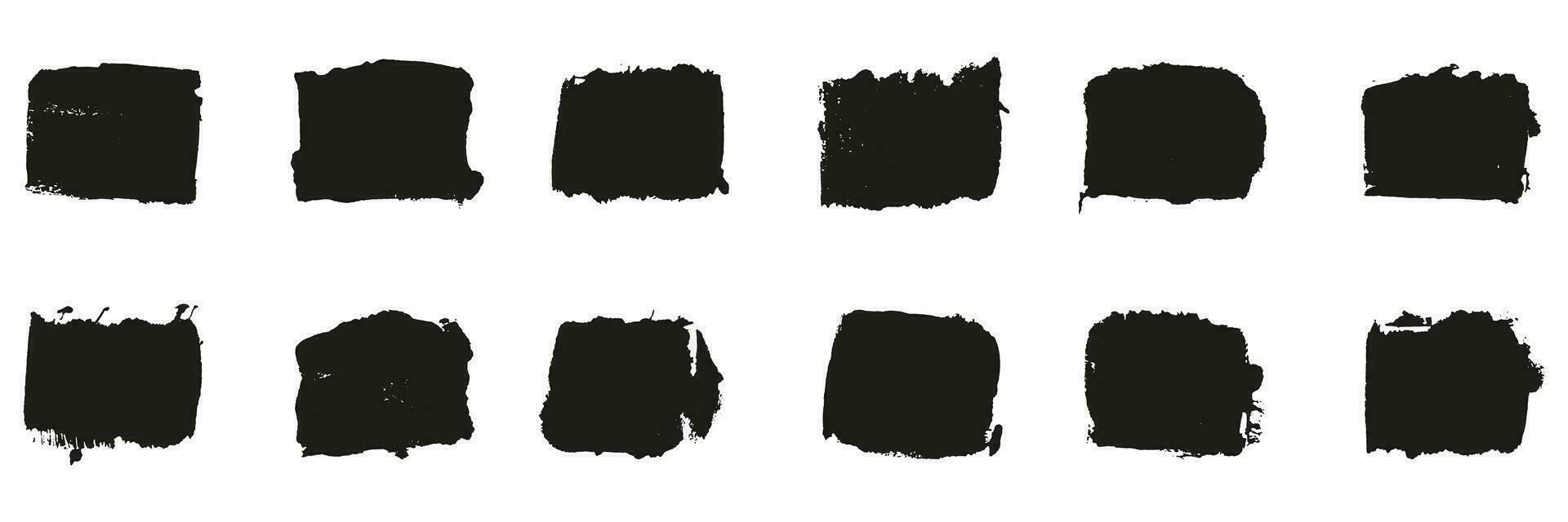 Grungy Paintbrush in Rectangle Shape. Square Brushstroke for Banner. Brush Stroke Paint Texture, Dirty Ink Black Background Set. Abstract Design Graphic Element. Isolated Vector Illustration.