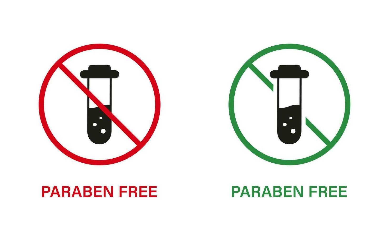 Paraben Free with Test Tube Silhouette Icon Set. Forbidden Paraben in Food Symbol. Safety Eco Organic Cosmetic Bio Product. Chemical Preservative Stop Sign. No Plastic. Vector Illustration.
