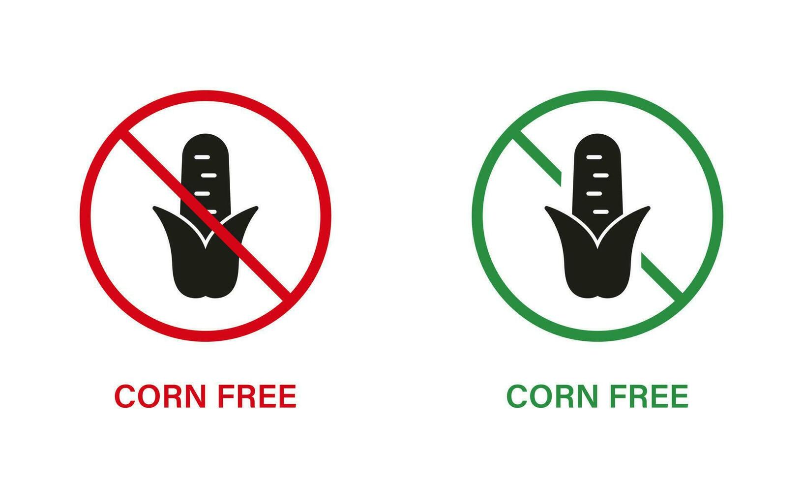 Corn Free Silhouette Icon Set. Cob Maize Allergy Ingredient Green and Red Stop Sign. Ban Contain Maize Logo. Corn Starch Allergen Forbidden Symbol. None Corncob. Isolated Vector Illustration.