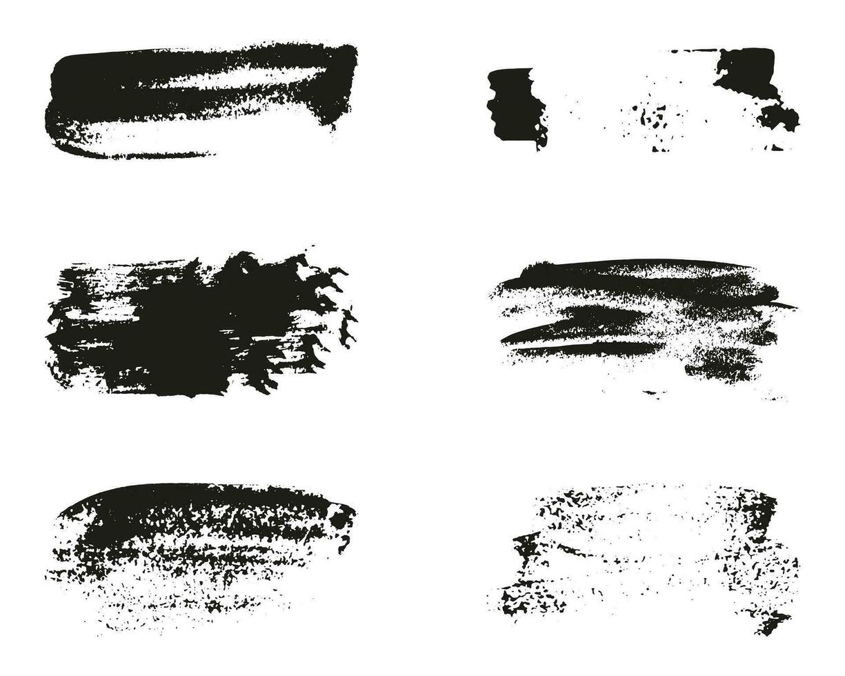 Grunge Paintbrush, Black Ink Texture. Abstract Brush Stroke Set. Brushstroke Design Element. Watercolor Scratch. Dirty Splash Wave Line, Grungy Stripes. Paint Splatter. Isolated Vector Illustration.