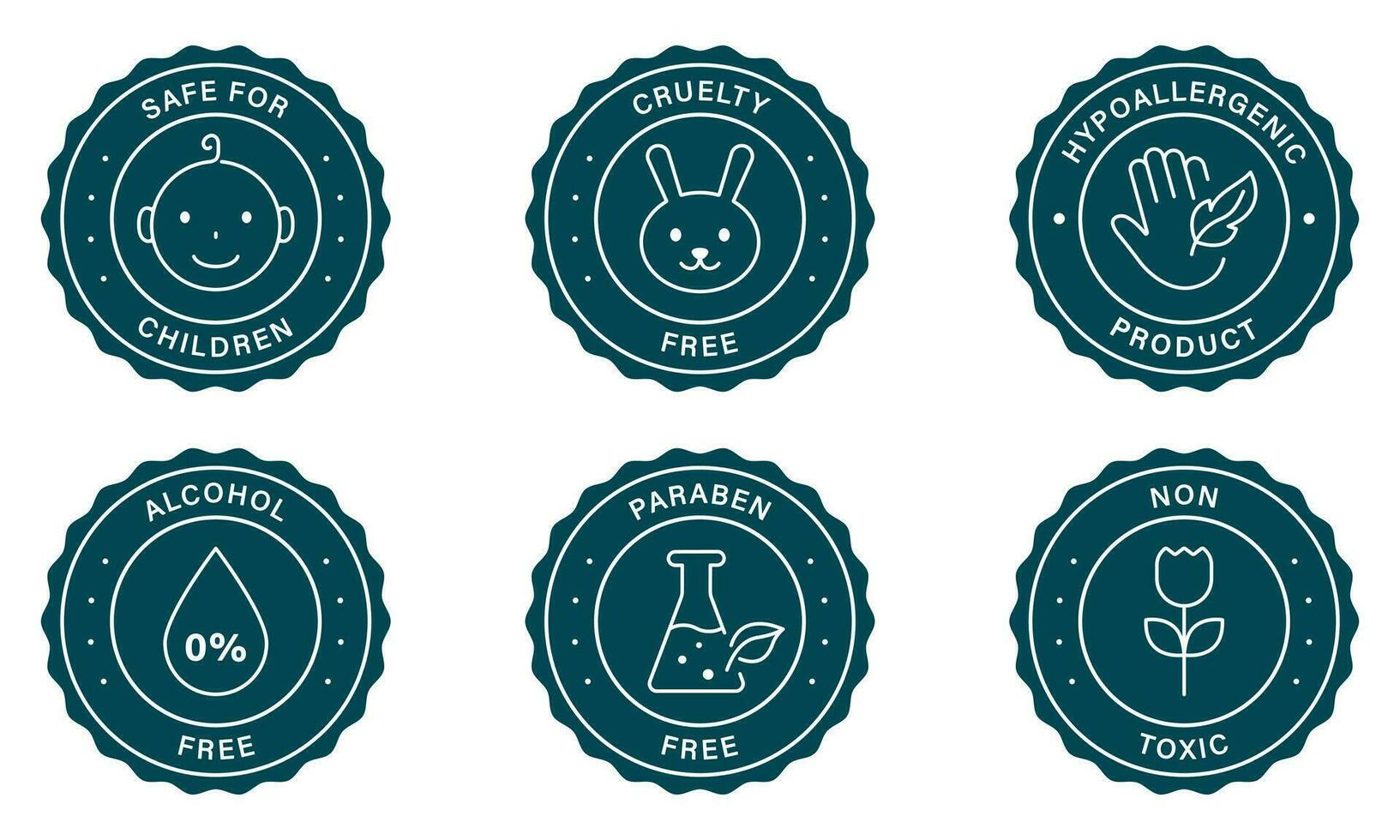Non-Toxic, Paraben Free, Alcohol-Free Sticker Collection. Organic Natural Product Stamp Set. Cruelty-Free, Hypoallergenic, Safe For Children Product Label. Isolated Vector Illustration.