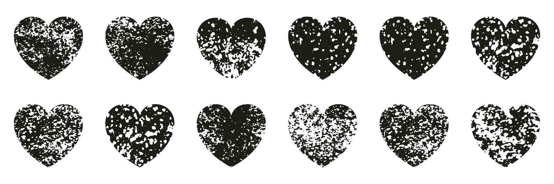 Grunge Texture in Heart Shape Set. Love Symbol Collection, Romance Concept. Black Rough Paint Brush. Romantic Valentine Day Decoration. Abstract Design Element. Isolated Vector Illustration.