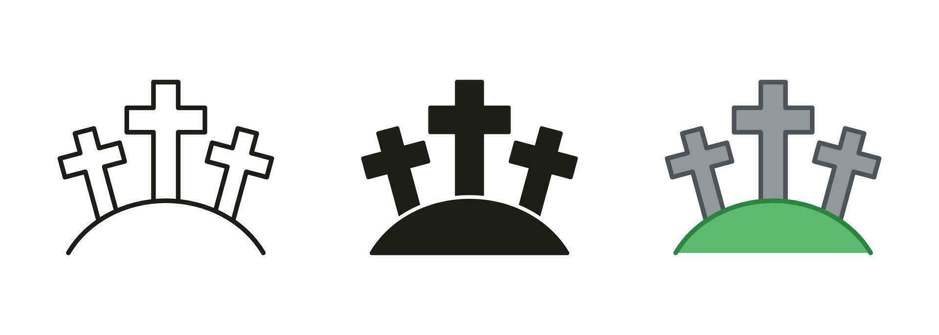 Gravestone, Tomb, Tombstone Line and Silhouette Icon Set. Cemetery with Tombstone and Cross, Graveyard Pictogram. Halloween Decoration Black and Color Symbol Collection. Isolated Vector Illustration.