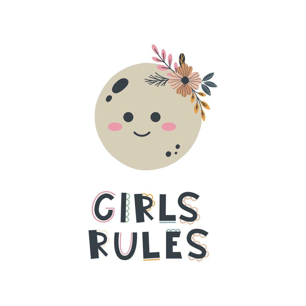 Cute hand drawn phrase Girls rules in boho style. Cartoon doodle print for nursery. Design for shower invitation card, birthday, children's party, book cover, poster vector