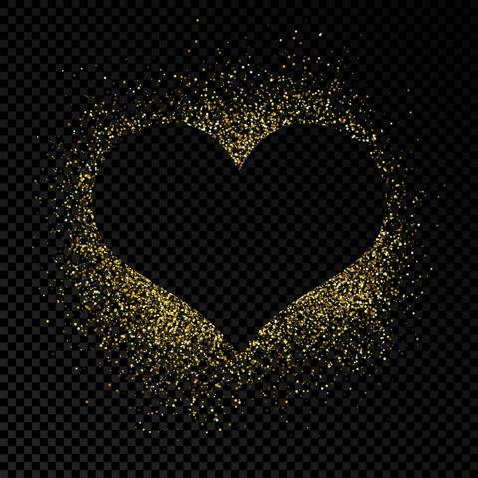 Heart shape frame with golden glitter on dark background. Greeting card with empty dark background. Vector illustration.