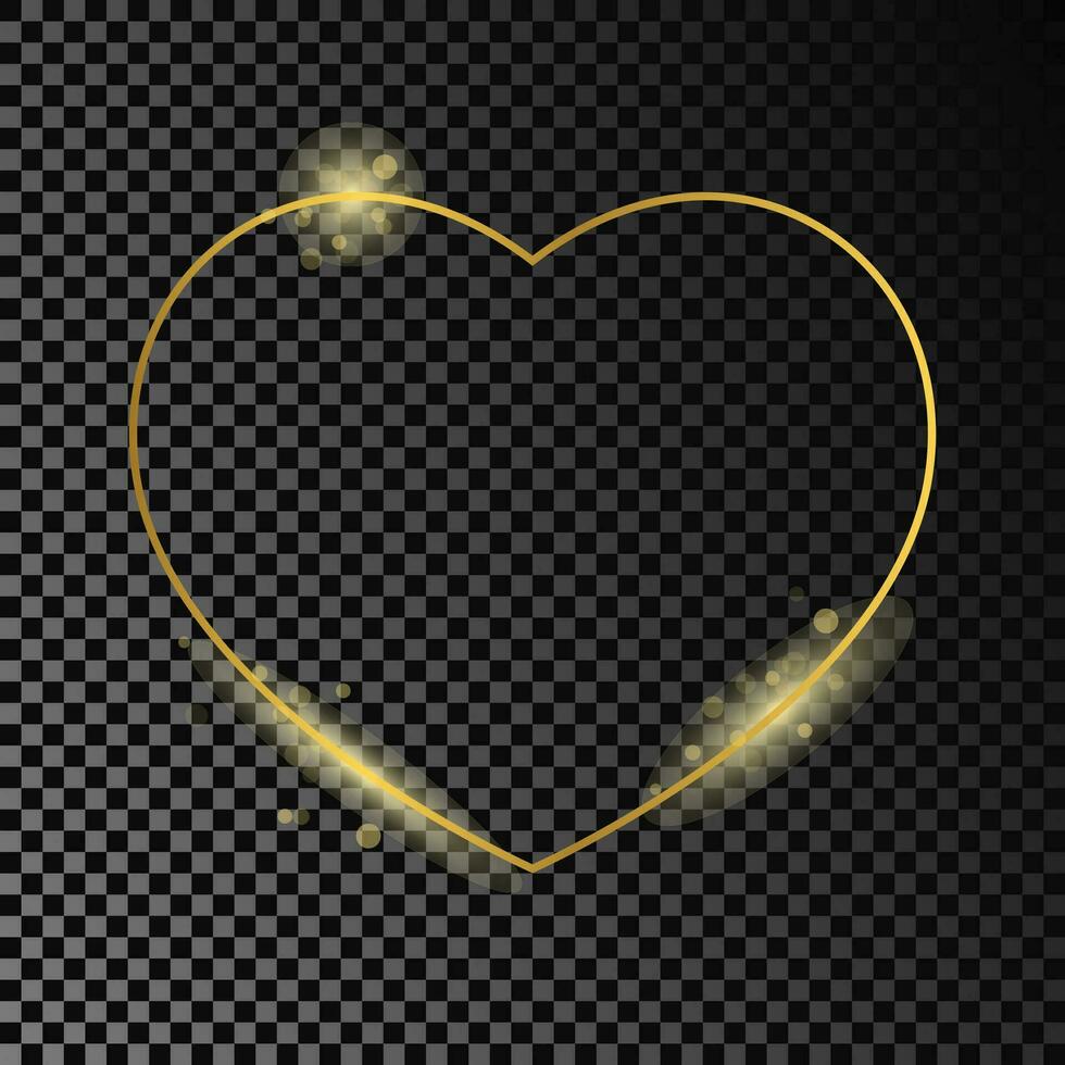 Gold glowing heart shape frame isolated on dark background. Shiny frame with glowing effects. Vector illustration.